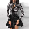 Elegant Stand Neck Zipper Pockets Lace Patchwork Sheath Mini Dress