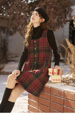 Vintage Button A-line Square Collar Plaid Woolen Mini Dress