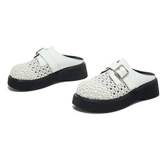 High Quality Leather Mesh Mules Slippers Openwork Design Wedge Heel