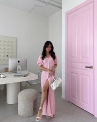 Trendix Slit Short Sleeve Patchwork High Waist Maxi Street Casual Dress