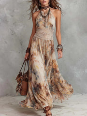 Floral print halter-neck fitted dress