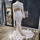 O Neck Backless Long Sleeves Sequined Prom Dresses