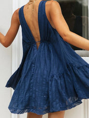 Solid Deep V-neck Drawstring Open Back Casual Dress
