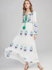 Elegant Floral Embroidery V Neck Long Sleeve Beach Dress