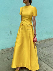 Elegant Short Sleeves Pockets Solid Color Round-Neck A-Line Evening Maxi Dresses