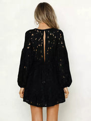 Elegant Lace Embellishment V-Neck Mini Dress With Lantern Sleeves