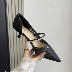 Luxury Lace Pearl Sandals High Quality Pointy Toe Thin Heel