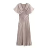 Elegant Solid Satin Zipper Synthetic fiber V Neck Short Sleeve Midi Dress