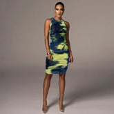 Casual O-neck Tie Dye Style Patchwork Skinny Medium Stretch Mini Dress