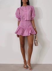 Short Sleeve Crop Top With High Waist Slim Cotton 2 Piece Mini Skirt Set