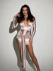 Elegant Stain Deep V-Neck Regular Long Sleeves Fold Tie Up Sheath Bodycon Mini Dress