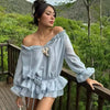 Casual Elastic Low Waist 3D Flower Layered Ruffled Trim Boat Neck Off Shoulder Mini Dress