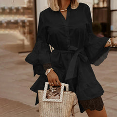Elegant Lace Dress Flare Sleeve Solid mini dress