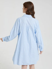 Stripe Print Lace Up Lapel Pocket Slit Casual Shirt Dress