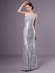 Silver Mermaid Sequined One-Shoulder Evening Dress