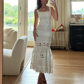 Elegant Solid Hollow Out Square Neck Sleeveless Patchwork Lace Dress