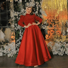 Long Puff Sleeves High Neck Aline Satin Evening Dress