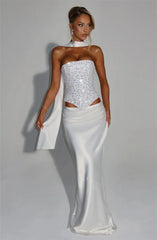 Elegant Sequins Sparkle Scarf Collar Crop Tops And Maxi Skirt Club Party Satin Skirt Matching Set