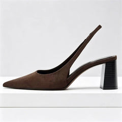 Brown Faux Suede Chunky Pumps Pointed Toe Slingback High Heel