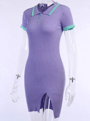 Turn-Down Collar Slit Short Sleeve Casual Dresses