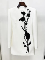 Elegant Flowers Beaded Pullover Long Sleeve Non Stretch Mini Dress