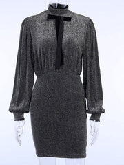 Elegant High Collar Long Sleeves Pencil Bodycon Dress
