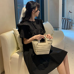 Short Petal Sleeve O-Neck Ruffles Patchwork Pleated Pregnancy Maternity Mini Dress