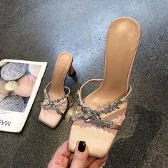 Designer Square Toe Rhinestone Decorated Sandals High Heel