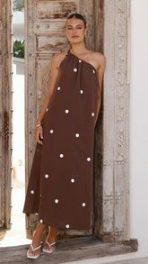 Nasira One Shoulder Maxi Dress - Chocolate / White Polka Dot