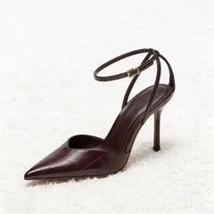 Designer Burgundy Red Ankle Strap Pumps Pointed-Toe Patent Leather High Heel