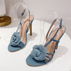 High Quality Denim Brand Sandals Flower Narrow Band High Heel