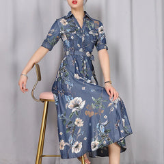 Denim Cotton Sleeveless Single Breasted Print Dresses