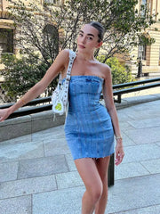 Causal Solid Strapless Sheath Party Street Style Jeans Tube Backless Bodycon Mini Dress