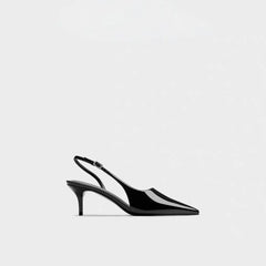 Black High-heeled Sandals with Pointed Tips and Elegant Patent Leather Strappy Fashionable Party Shoes