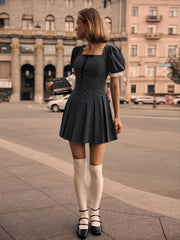 Elegant Classic Pleated Square Collar Short Sleeve Mini Dresses