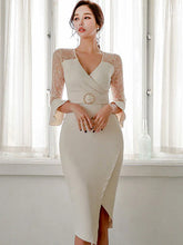 Lace Shaping V Neck 3/4-Length Sleeve Party Bodycon Dress