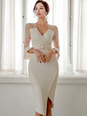 Lace Shaping V Neck 3/4-Length Sleeve Party Bodycon Dress