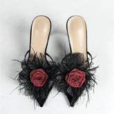 Flower Decoration Slippers Pointed Toe Slide Sandals for Elegant Street Style Thin High Heel