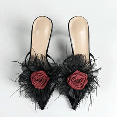Flower Decoration Slippers Pointed Toe Slide Sandals for Elegant Street Style Thin High Heel