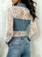 Women's Stylish Denim And Lace Shirt