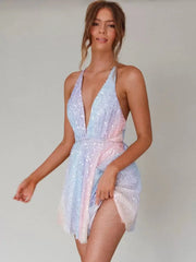 Elegant Sequined Halter Glitter Short Swing Mini Dress