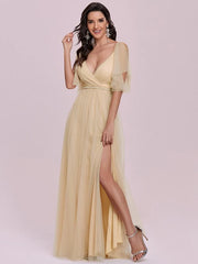 Prom A-Line Short Sleeves Sash Party Evening Dress