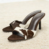 Novelty Faux Fur Designer Slippers for Animal Printed Slide Sandals Pointed Toe High Heel