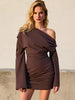 Casual Long Sleeve High Waist Off Shoulder Slim Pleated Mini Dress