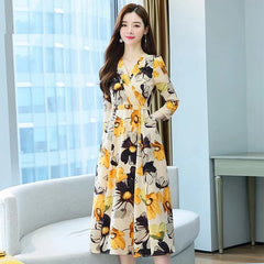 Casual V Neck Long Sleeve Midi Dress