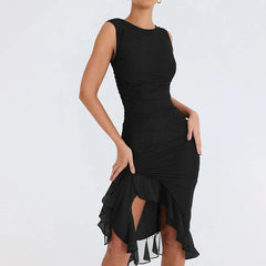 Elegant Cross-Border Mesh Tight-Fitting Backless Pleated Dress