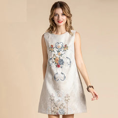 Vintage Runway Floral Jacquard Beading Mini Dress