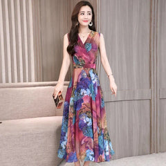 Arrival Sleeveless Flower Printed Chiffon Long Dress