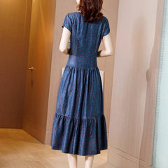 High Waist Print Square Collar Denim Dress