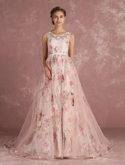 Pink Prom Dresses 2019 Long Floral Print Organza Pageant Dress Backless Chapel Train Party